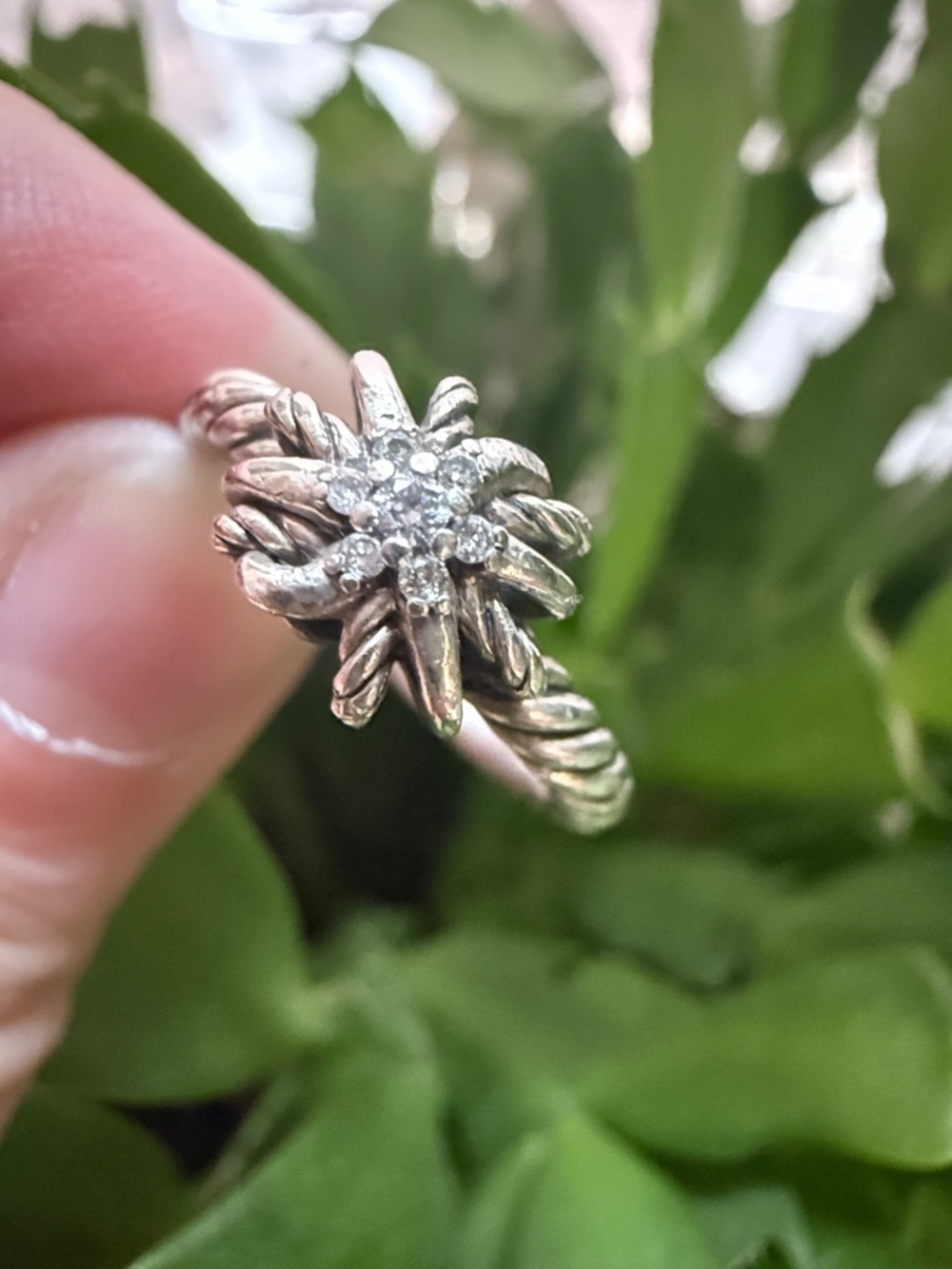 David Yurman Sterling Silver 925 Floral Cable Ring W/ Diamond Cluster W/Pouch